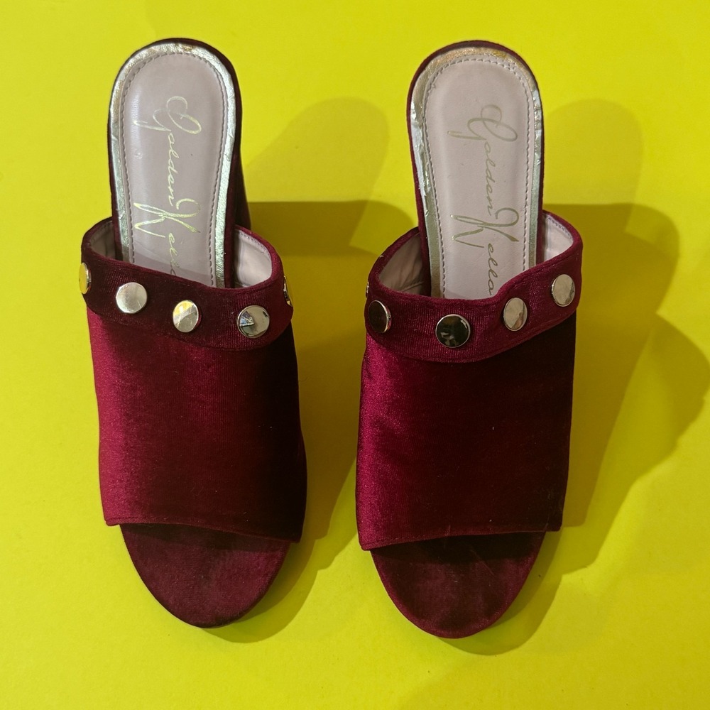 Burgundy Velvet Mule Heels Studded Block Heel Slip-On - Size 10